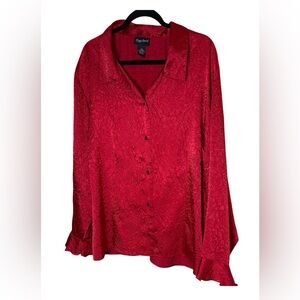 Maggie Barnes exceptional Red silky textured top shirt blouse red jewel buttons